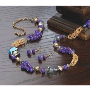 Breezy Couture Earrings & Necklace SET PURPLE, Blue, & Gold Colored Beaded Chain